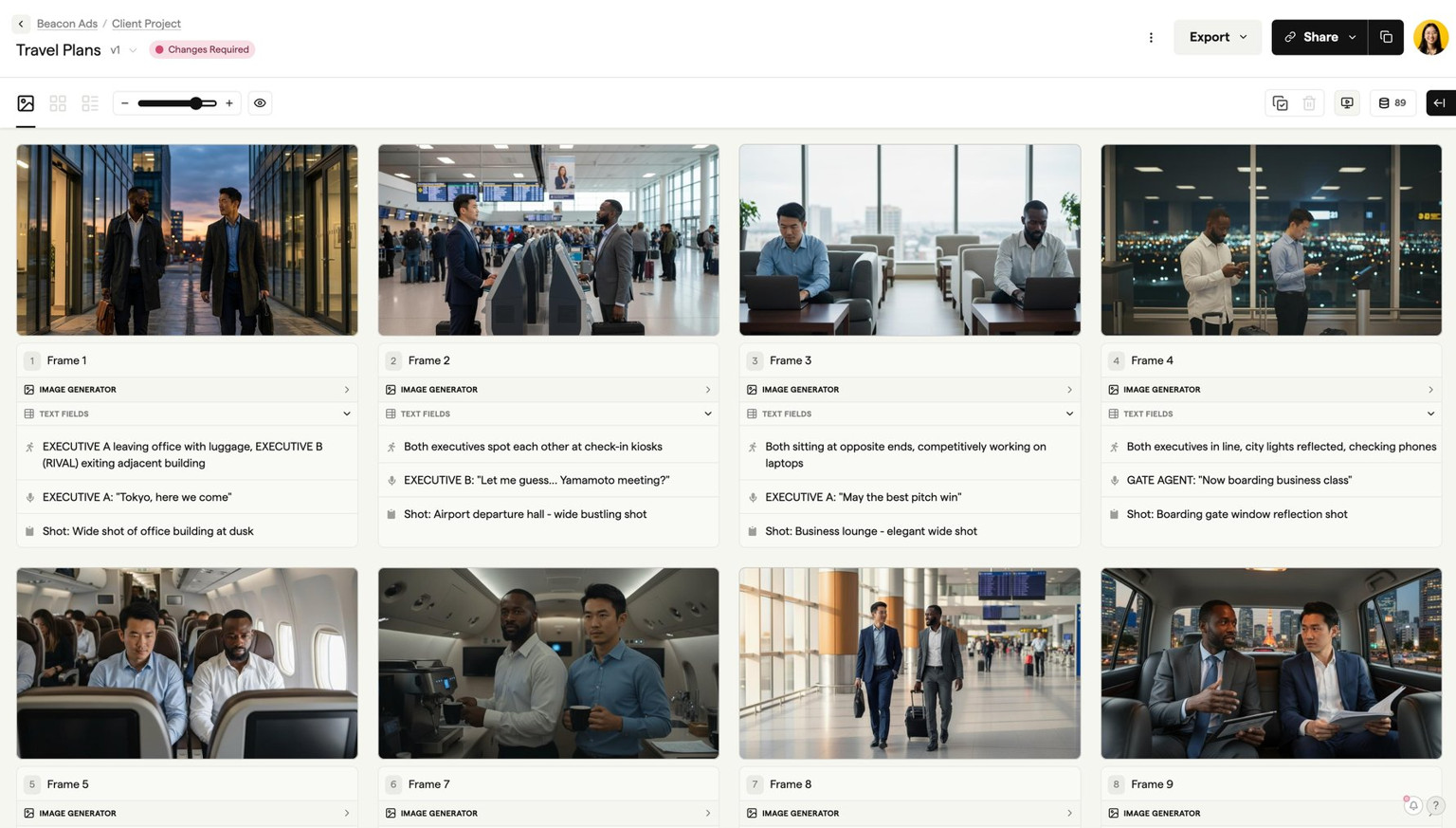 Photorealistic AI-generated storyboard frames with consistent character design