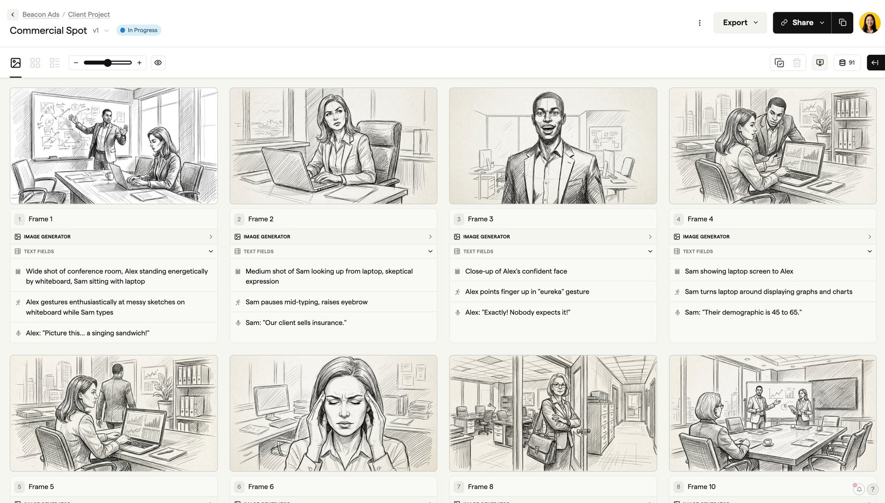 AI-generated storyboard in sketch art style showing hand-drawn frame compositions