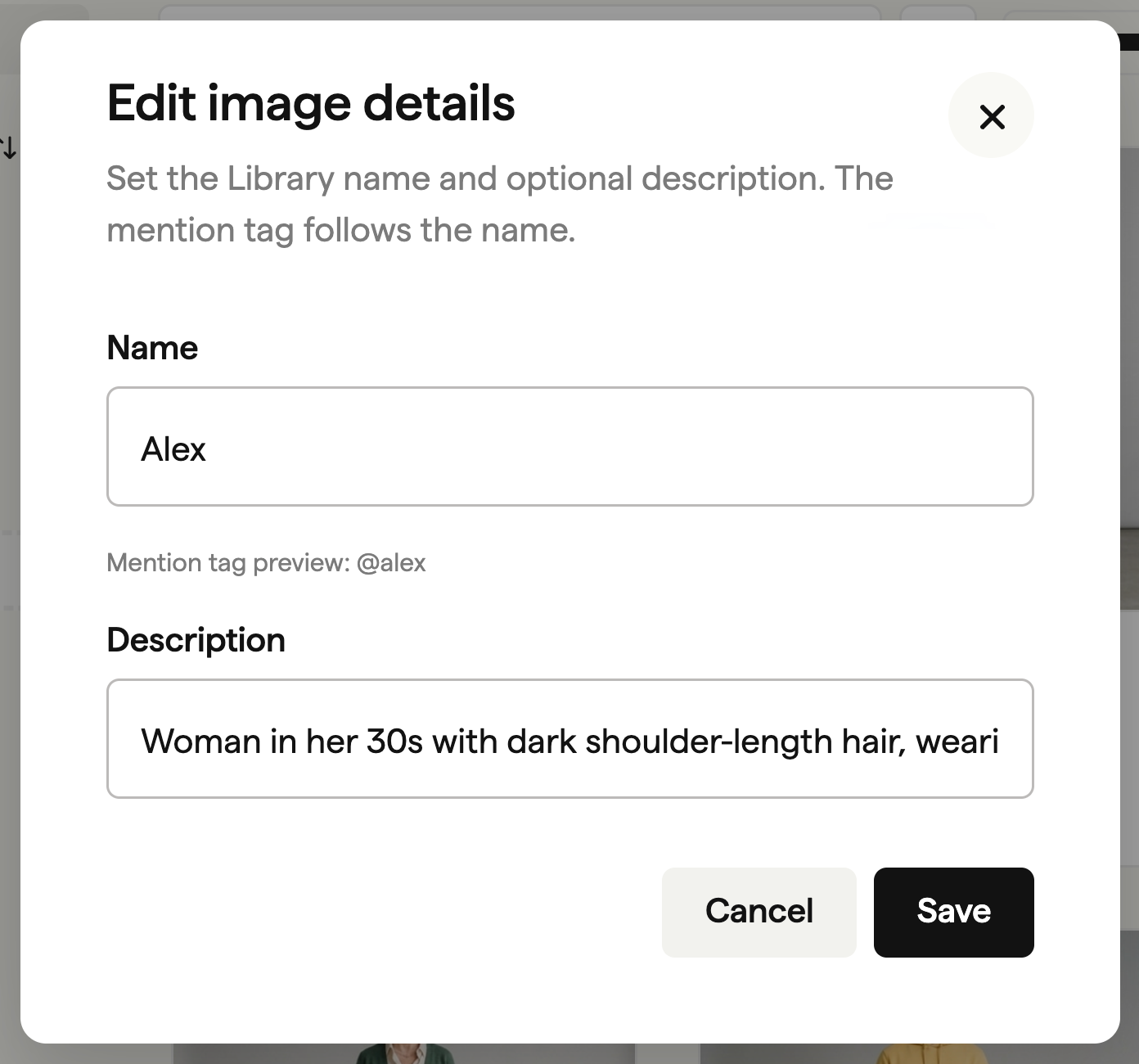 Renaming Alex in the Asset Library, with the mention tag preview below the name