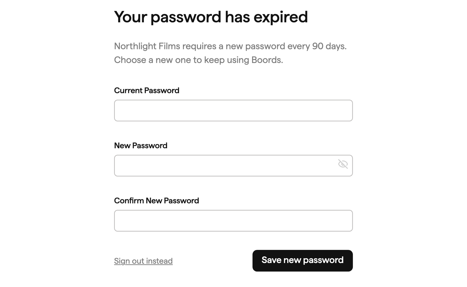 Choose a new password screen