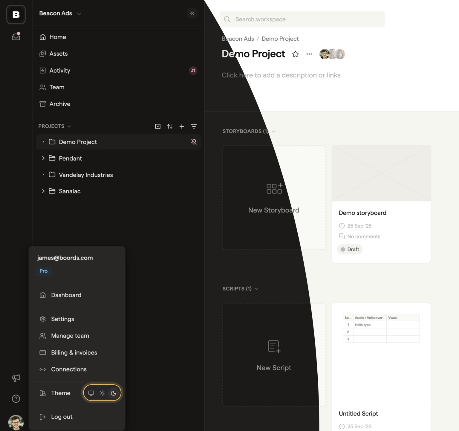 The Theme row in the account menu, with System, Light and Dark options