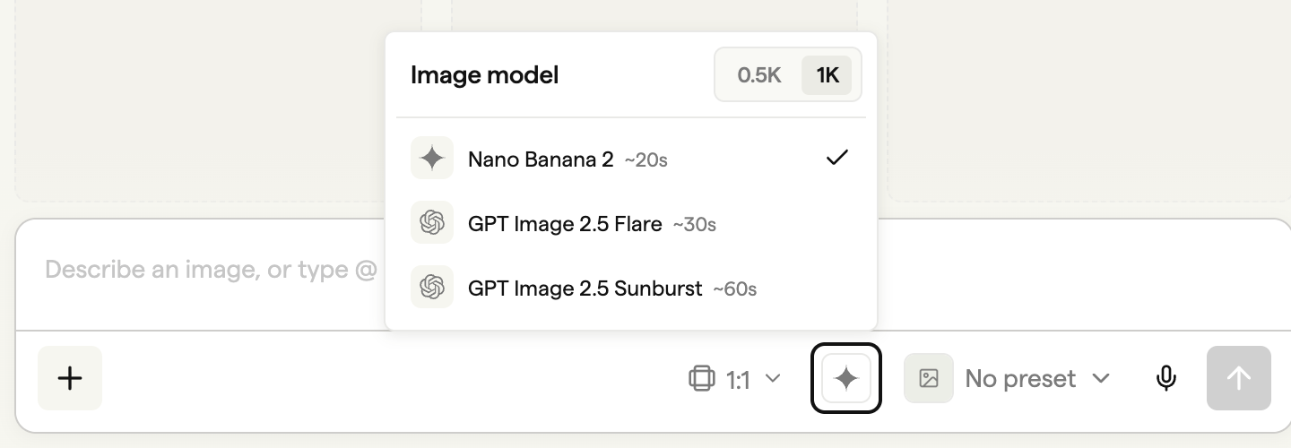 The Image model menu showing all three models and the 0.5K and 1K resolution controls