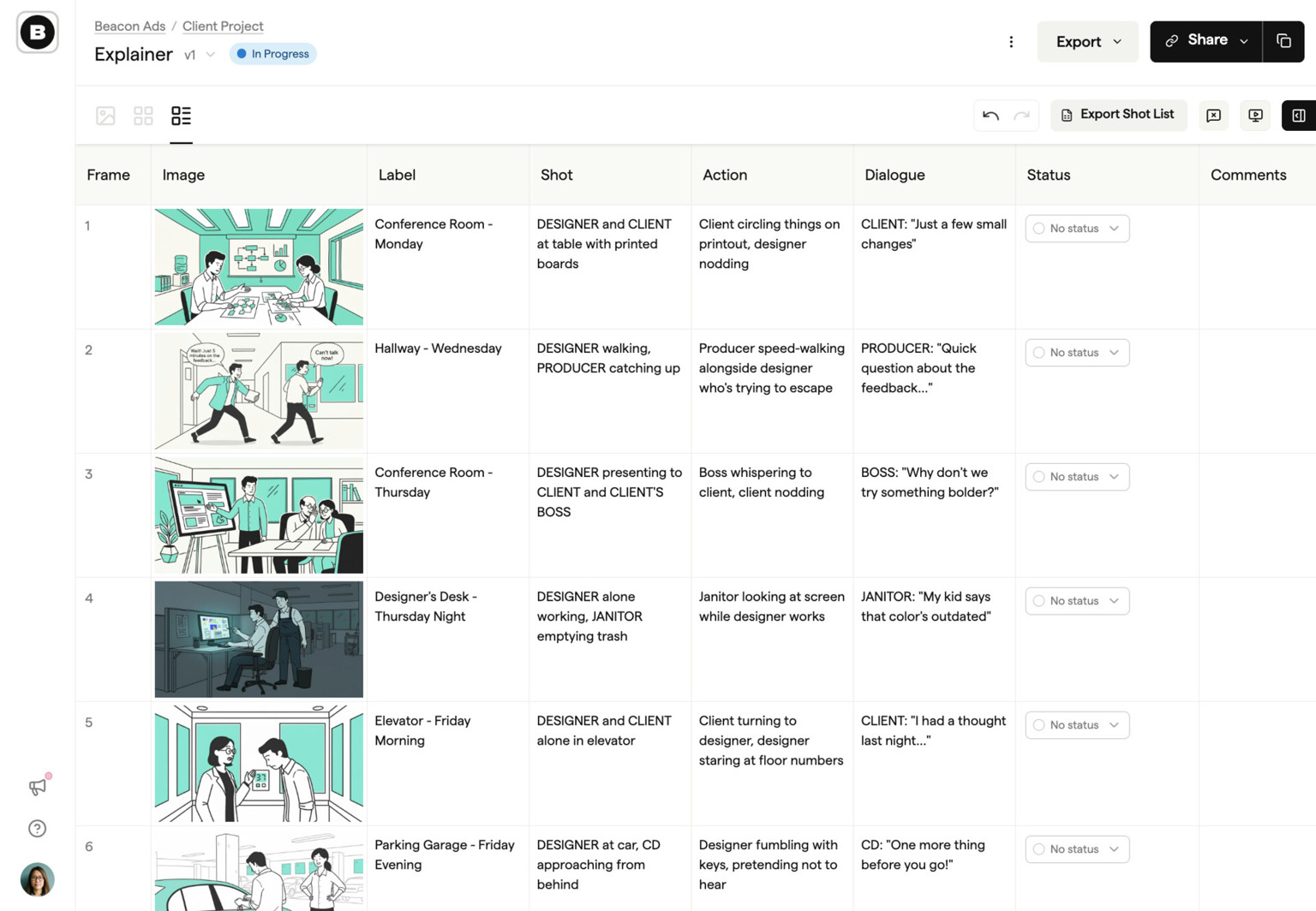Boords shot list view generated from the storyboard