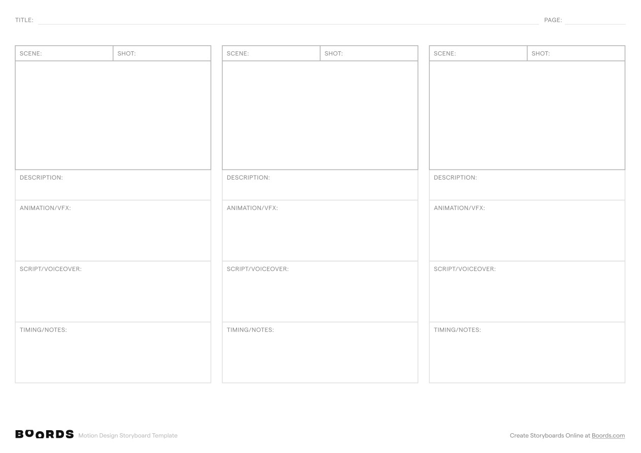 Motion Design storyboard template – A4, 3 panels, landscape layout