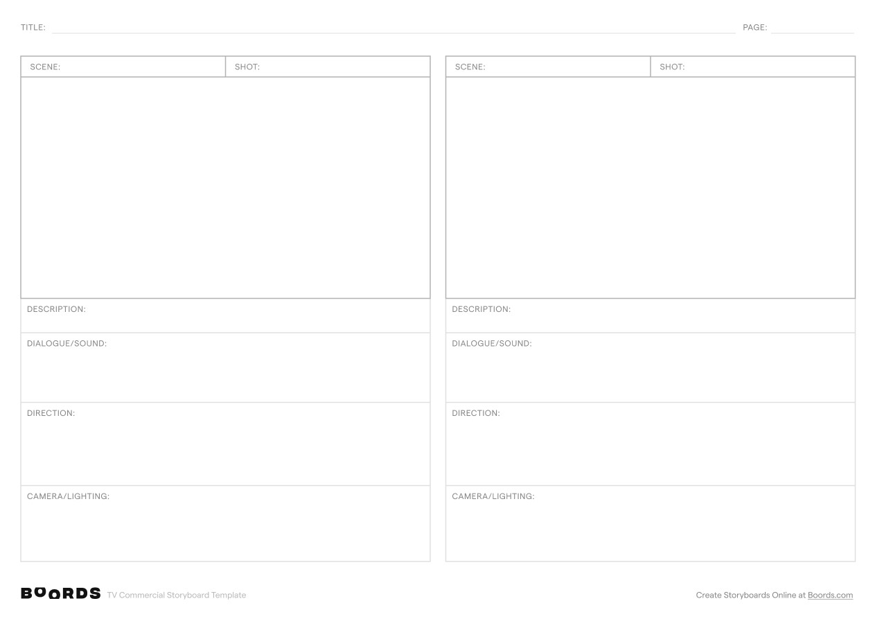 TV Commercial storyboard template – A4, 2 panels, landscape layout