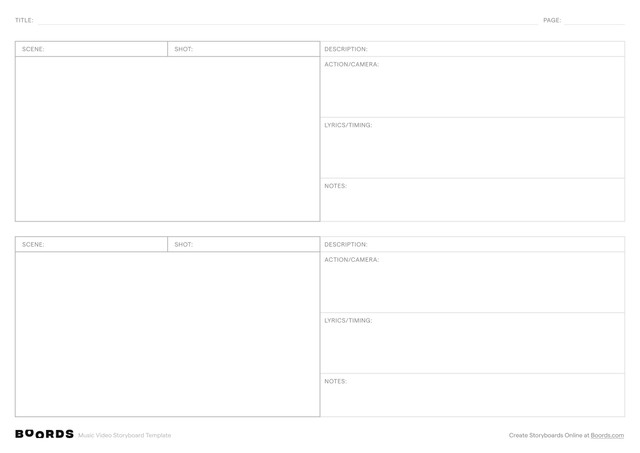 Music Video storyboard template – A4, 2 panels, landscape layout