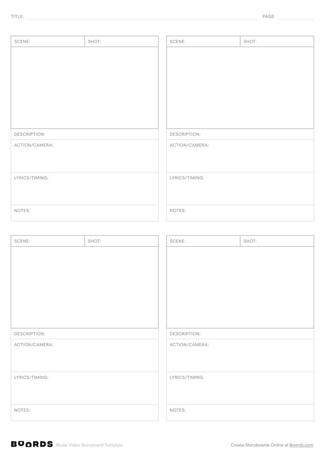 Music Video storyboard template – A4, 4 panels, portrait layout
