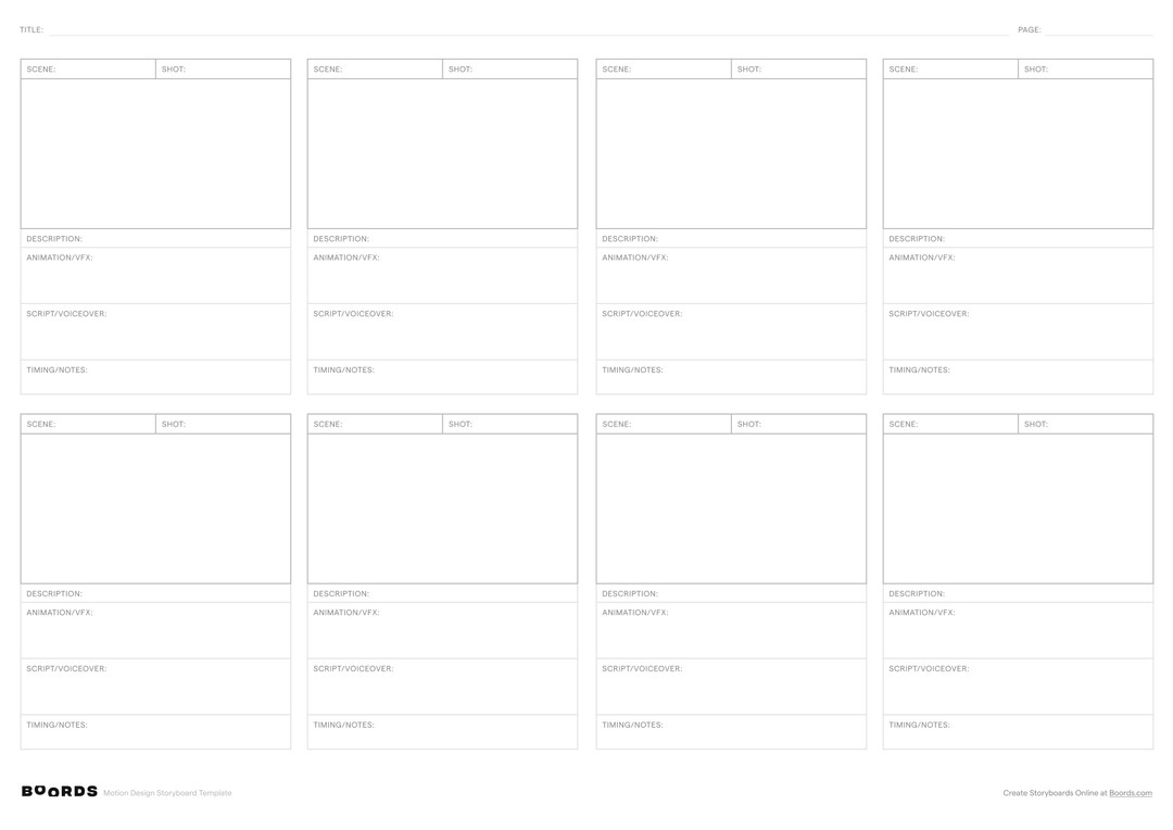 Motion Design storyboard template – A3, 8 panels, landscape layout