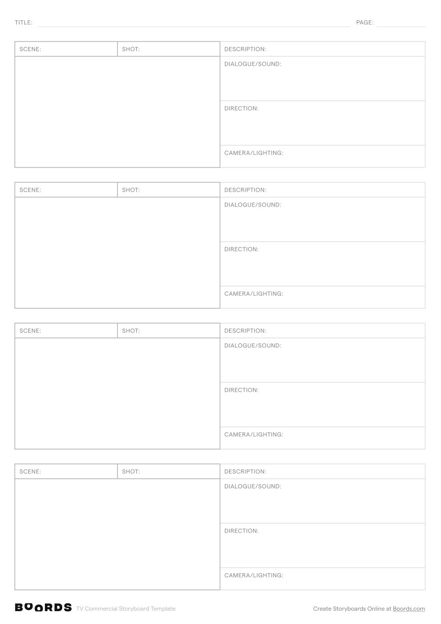 TV Commercial storyboard template – A4, 4 panels, portrait layout