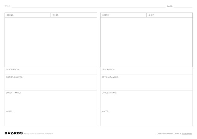 Music Video storyboard template – A4, 2 panels, landscape layout