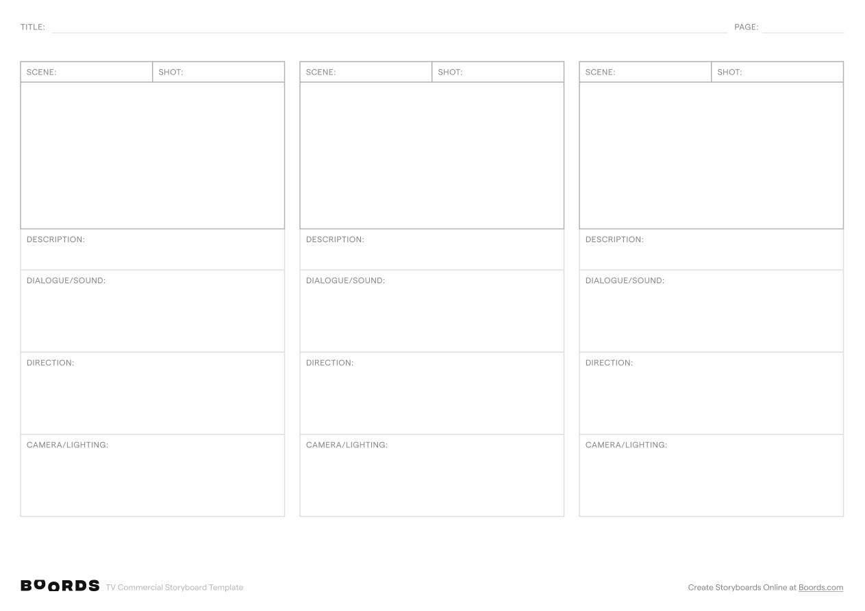 TV Commercial storyboard template – A4, 3 panels, landscape layout