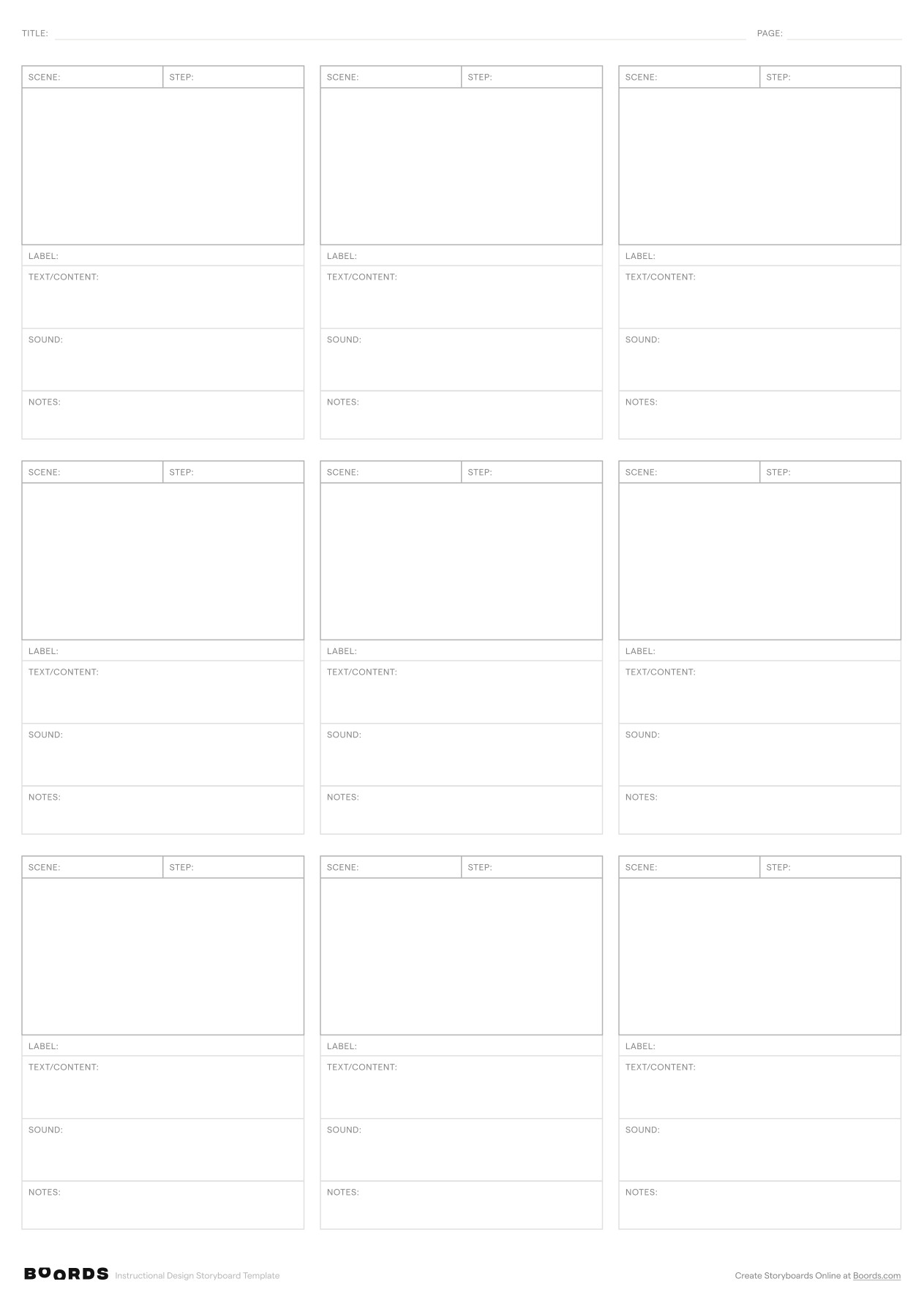 Instructional Design storyboard template – A3, 9 panels, portrait layout