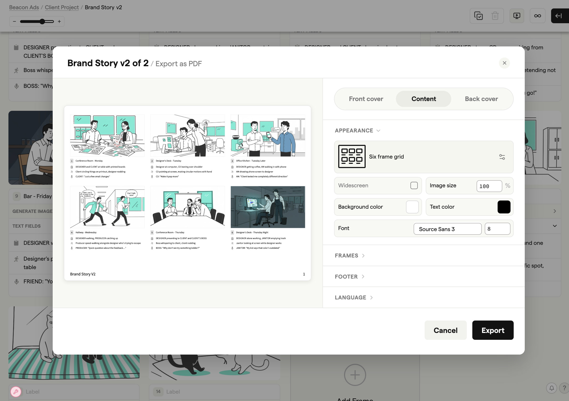 Export storyboards as PDFs, images, shot lists, voiceover-ready scripts, and more screenshot