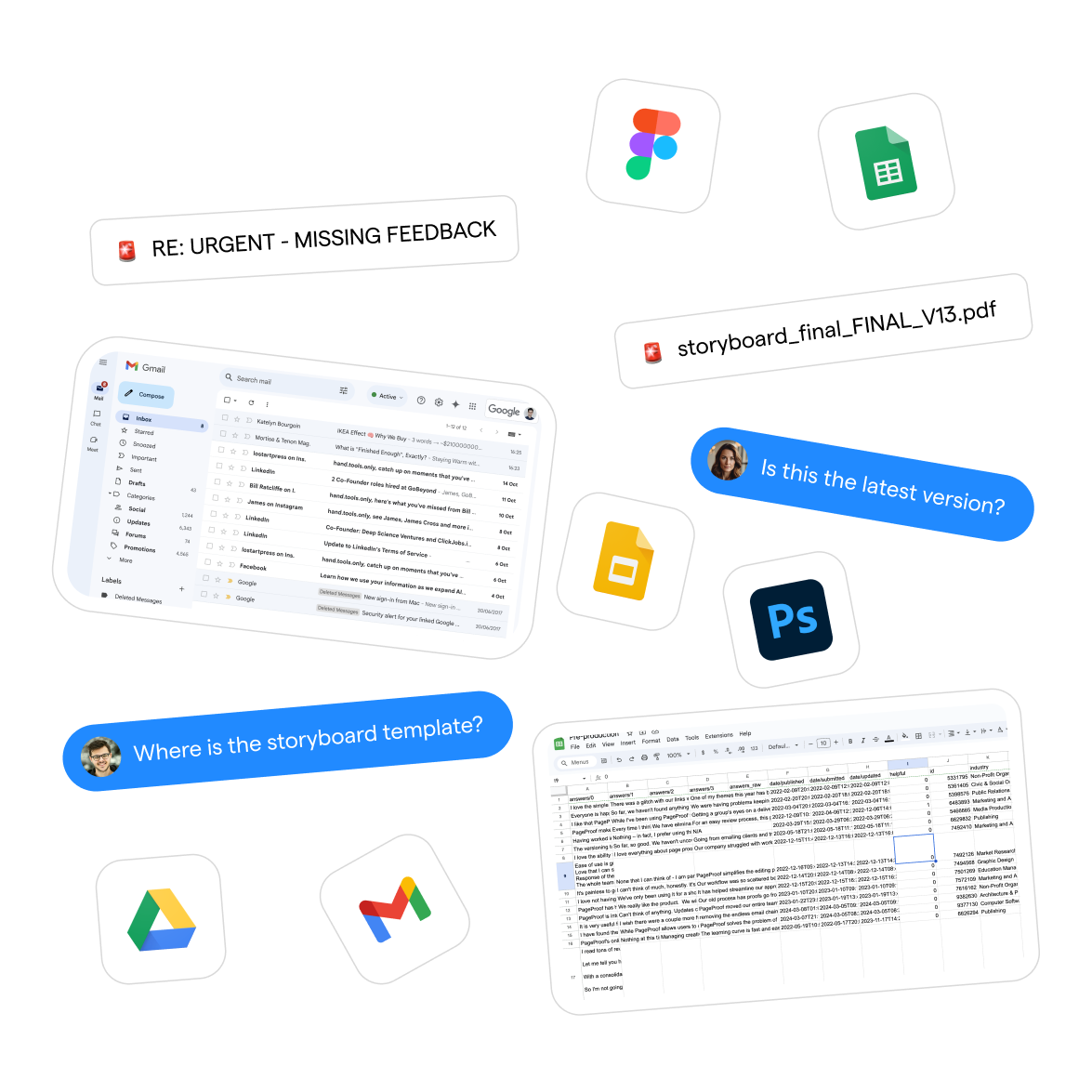 Chaotic pre-production workflow with sticky notes, scattered files, and unread emails