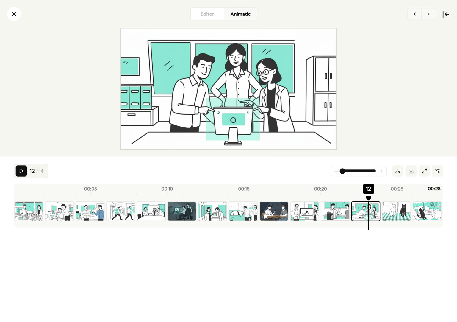 Animatic video player previewing storyboard timing with audio in Boords