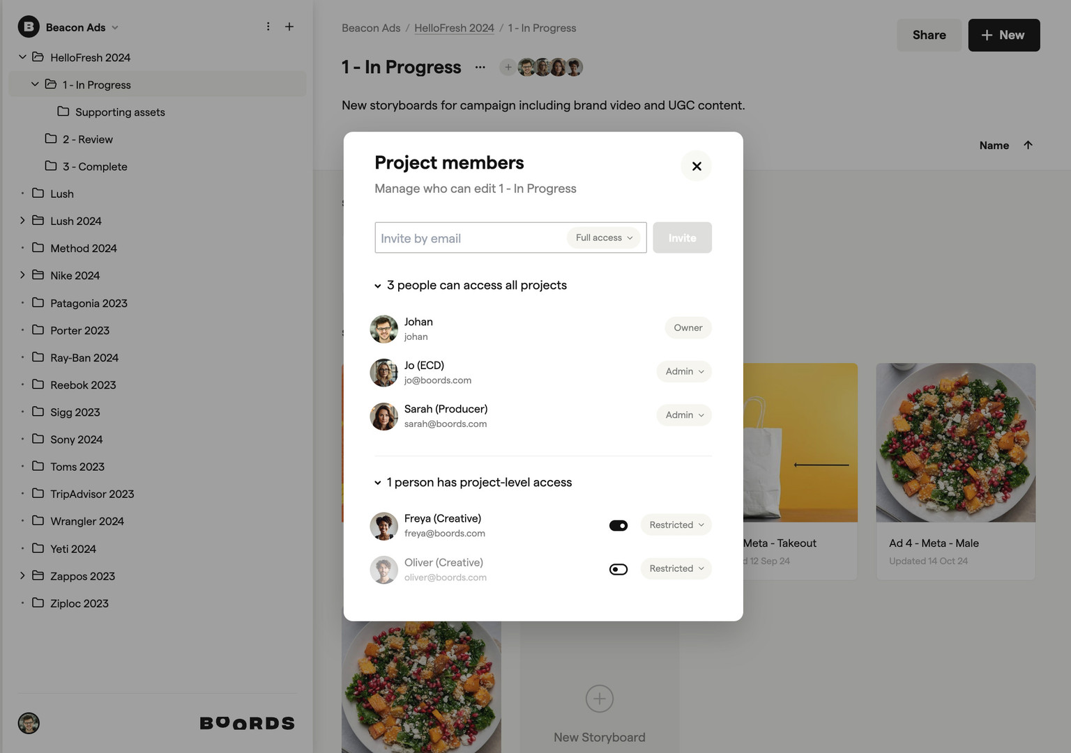 Real-time collaborative storyboard editing with multiple team members