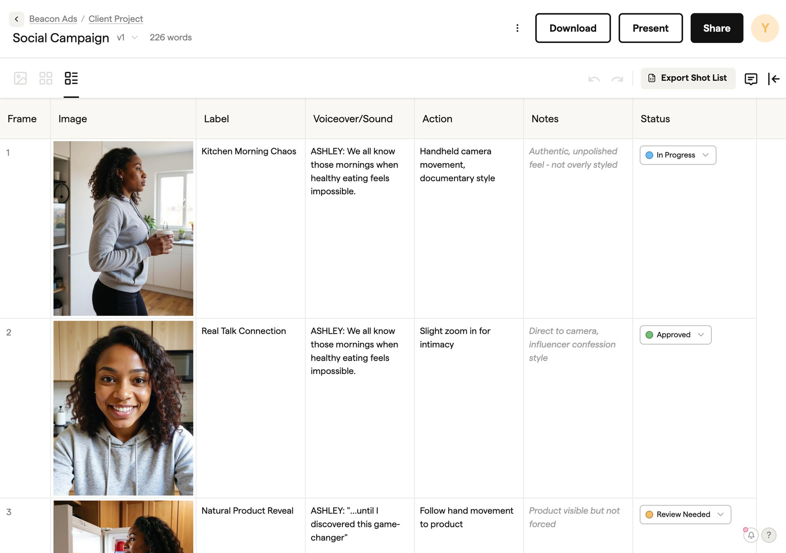 Shot list view with camera angles and scene descriptions generated from a storyboard