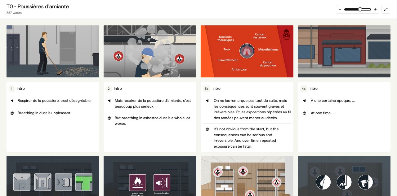 Mobula's asbestos dust storyboard in Boords, with narration in French and English under each frame
