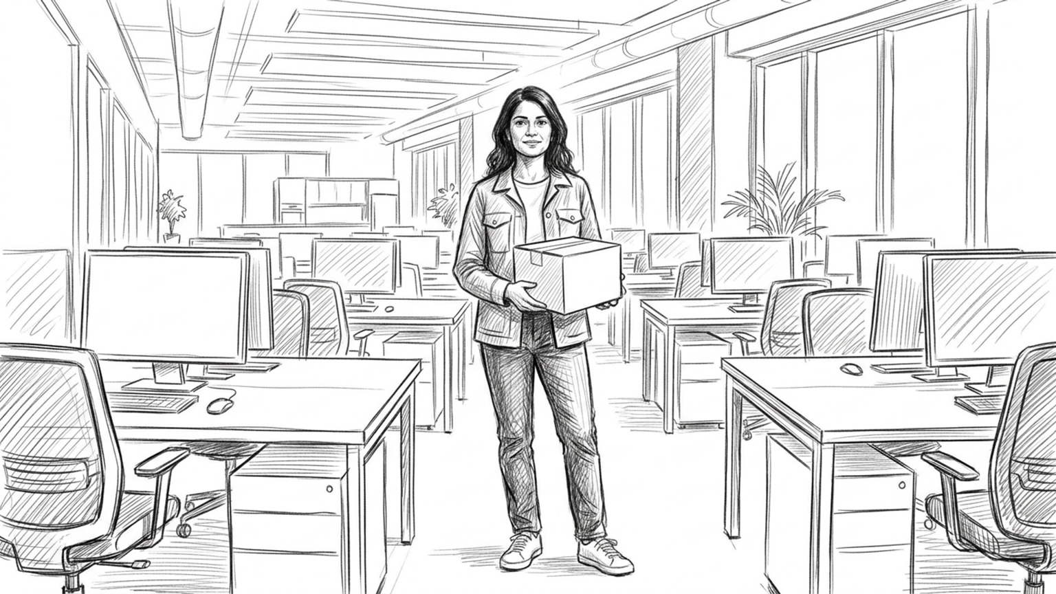 A generated sketch of Alex holding a small box in an office aisle, with desks and chairs on either side