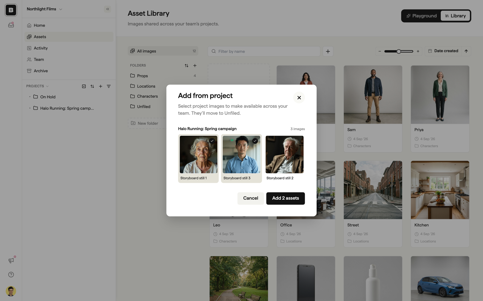 The Add from project dialog with two project images selected