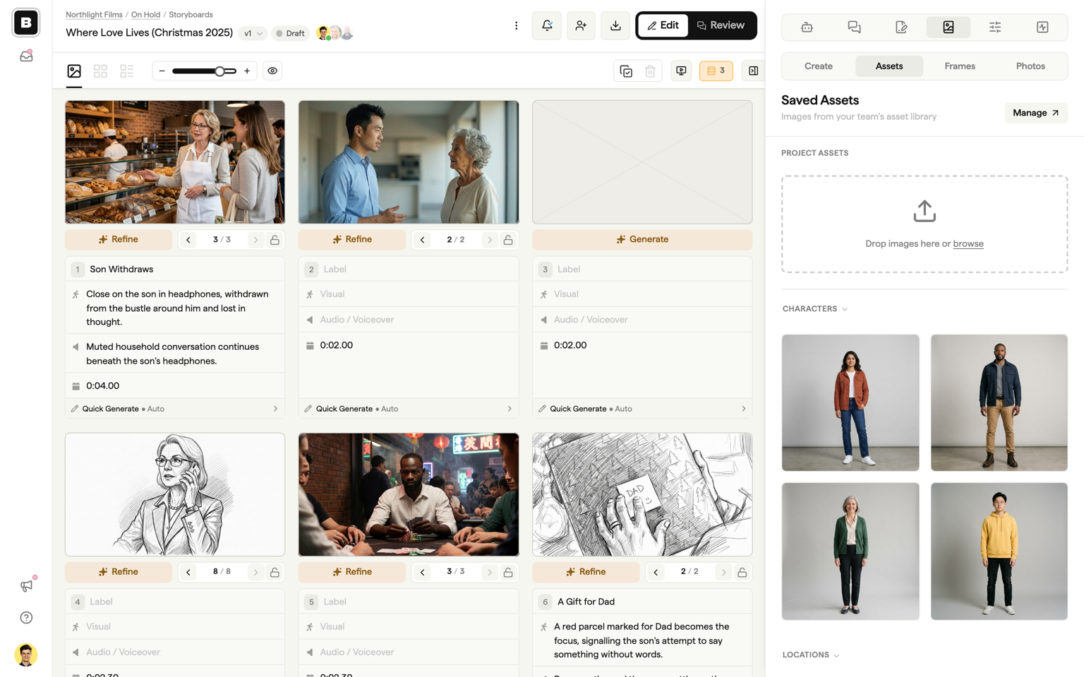 The storyboard sidebar showing Project assets and the team's Saved Assets