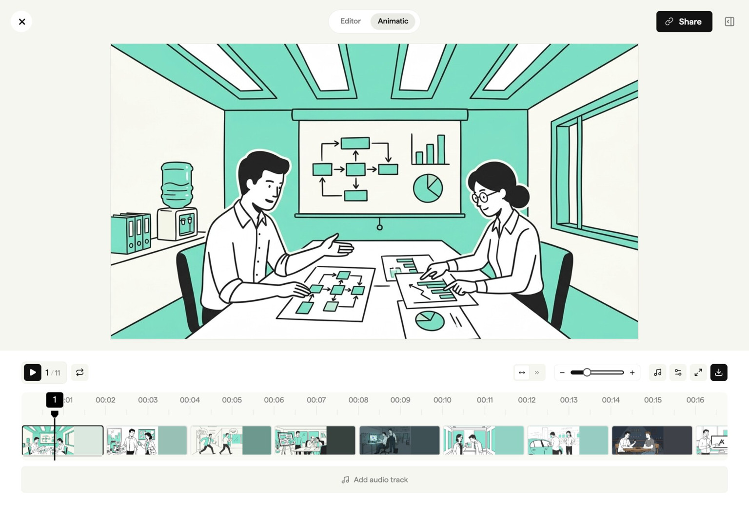 Boords animatic view of the same scene with timeline and audio