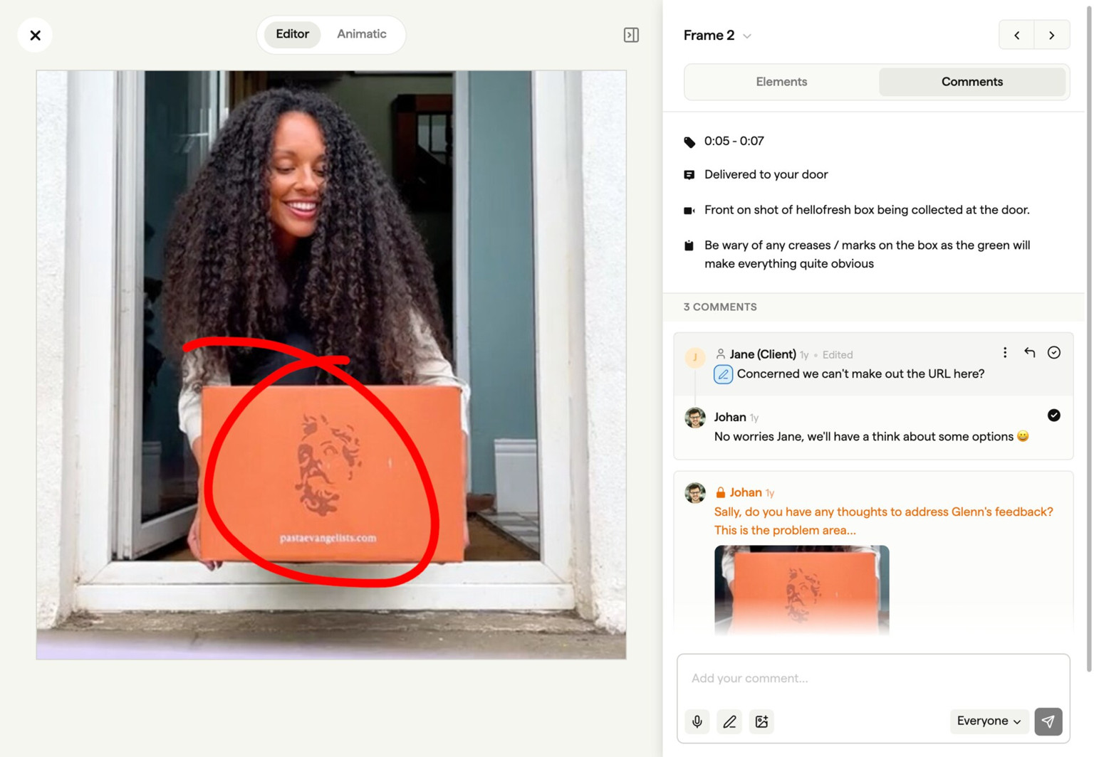 A shared Boords storyboard with frame-level comments and annotations from a client review