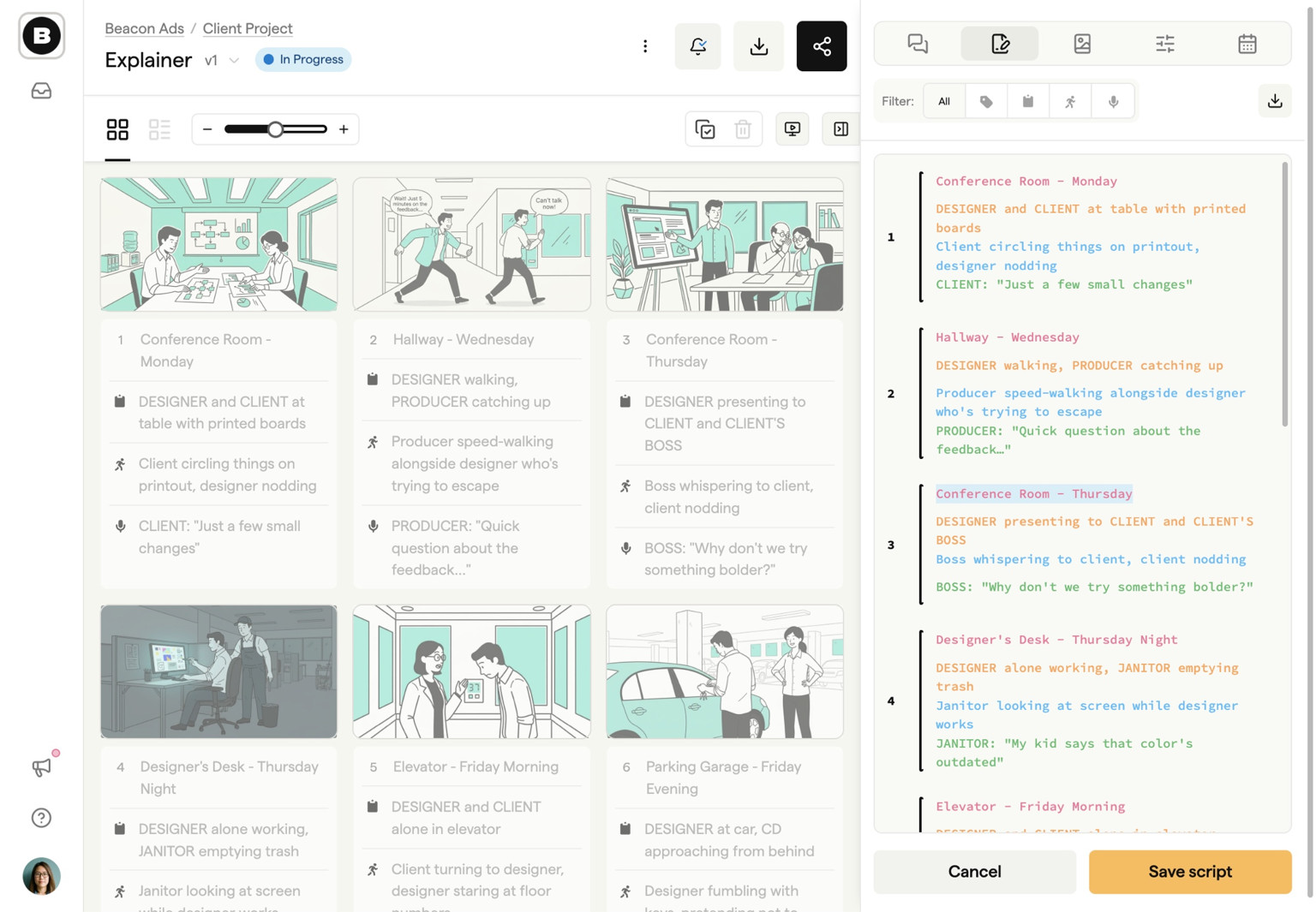 Script editor panel alongside storyboard frames in Boords
