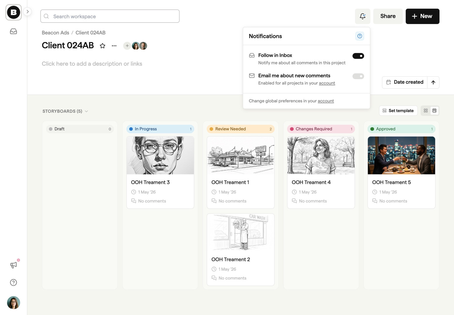 Approval status labels on storyboard frames in Boords
