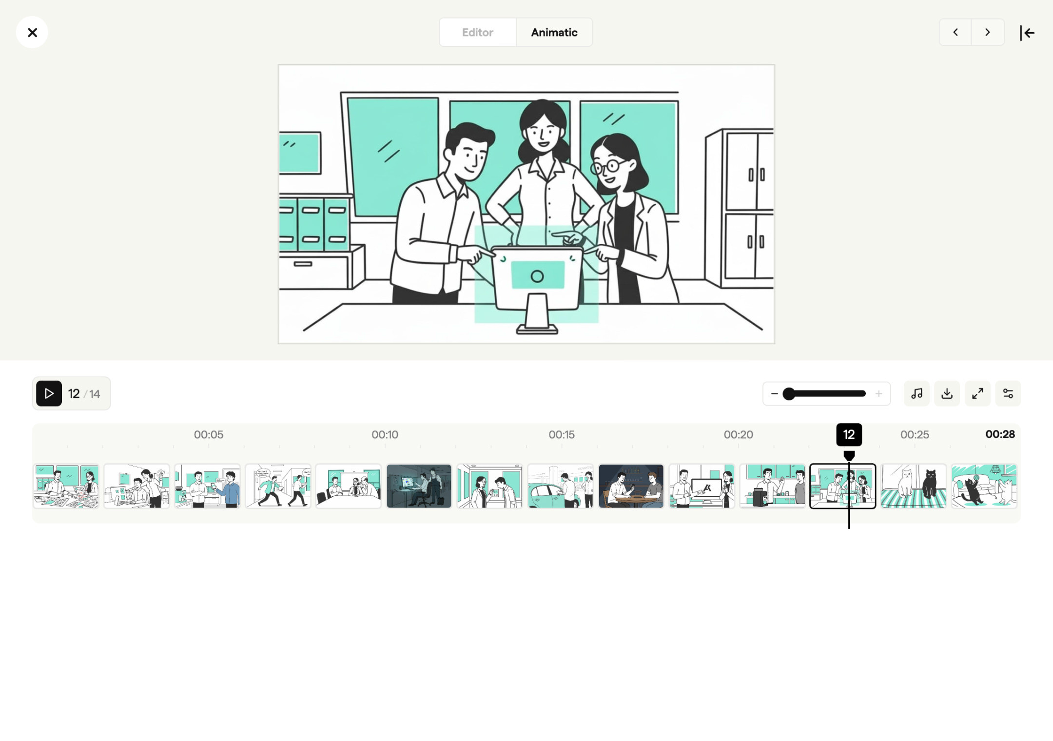 Animatic video player previewing storyboard timing with audio in Boords
