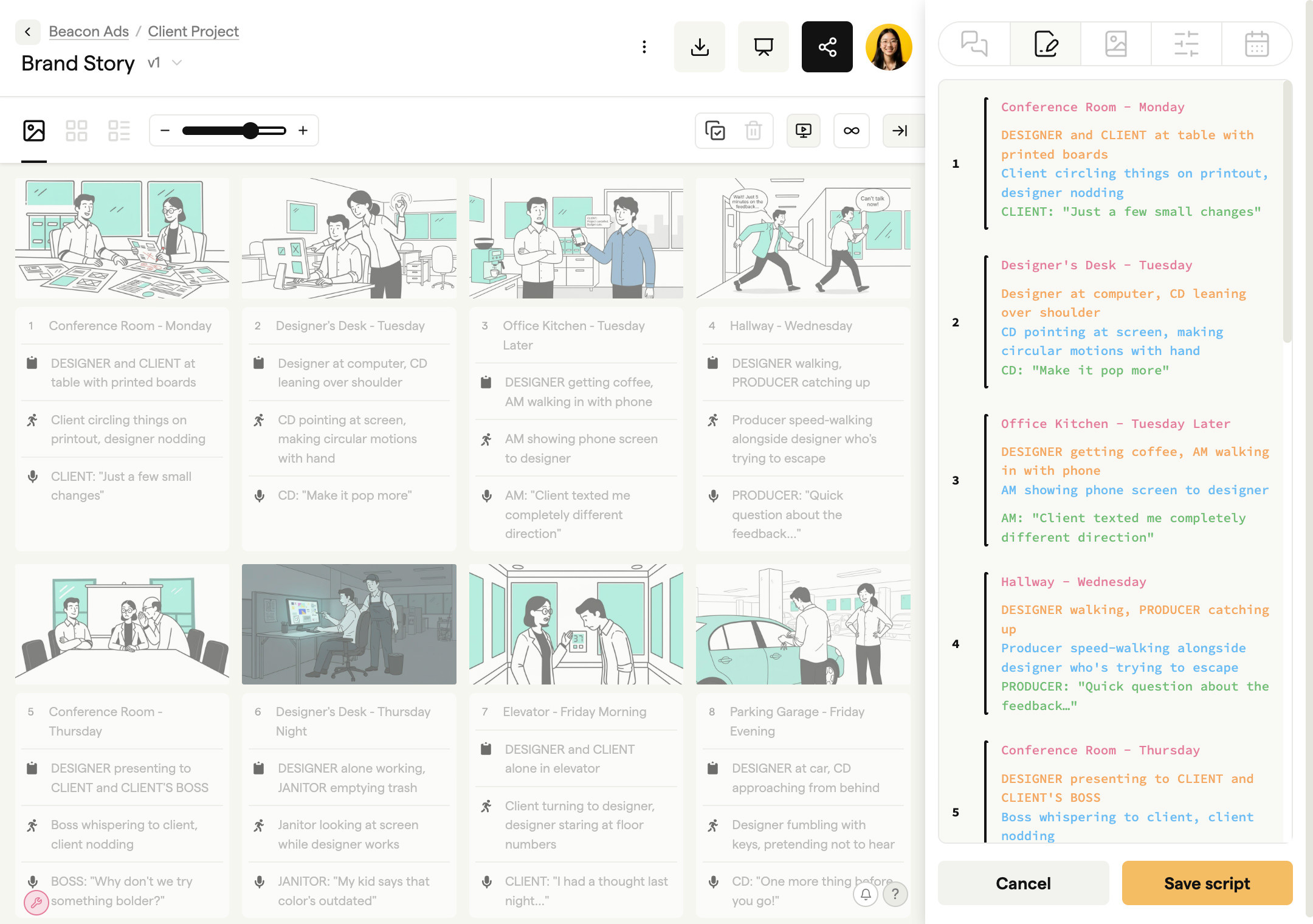 Script editor panel alongside storyboard frames in Boords storyboard software