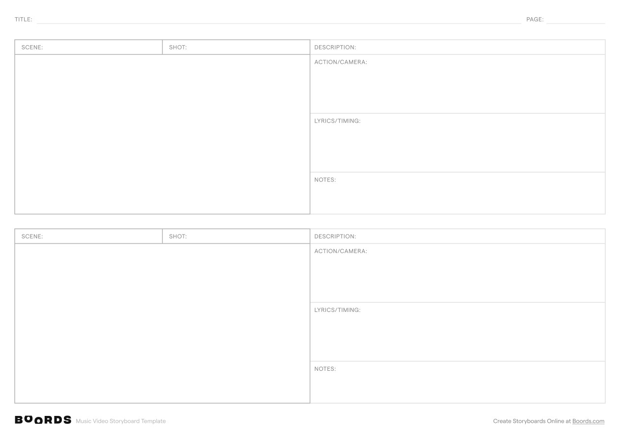 Music Video storyboard template – A4, 2 panels, landscape layout