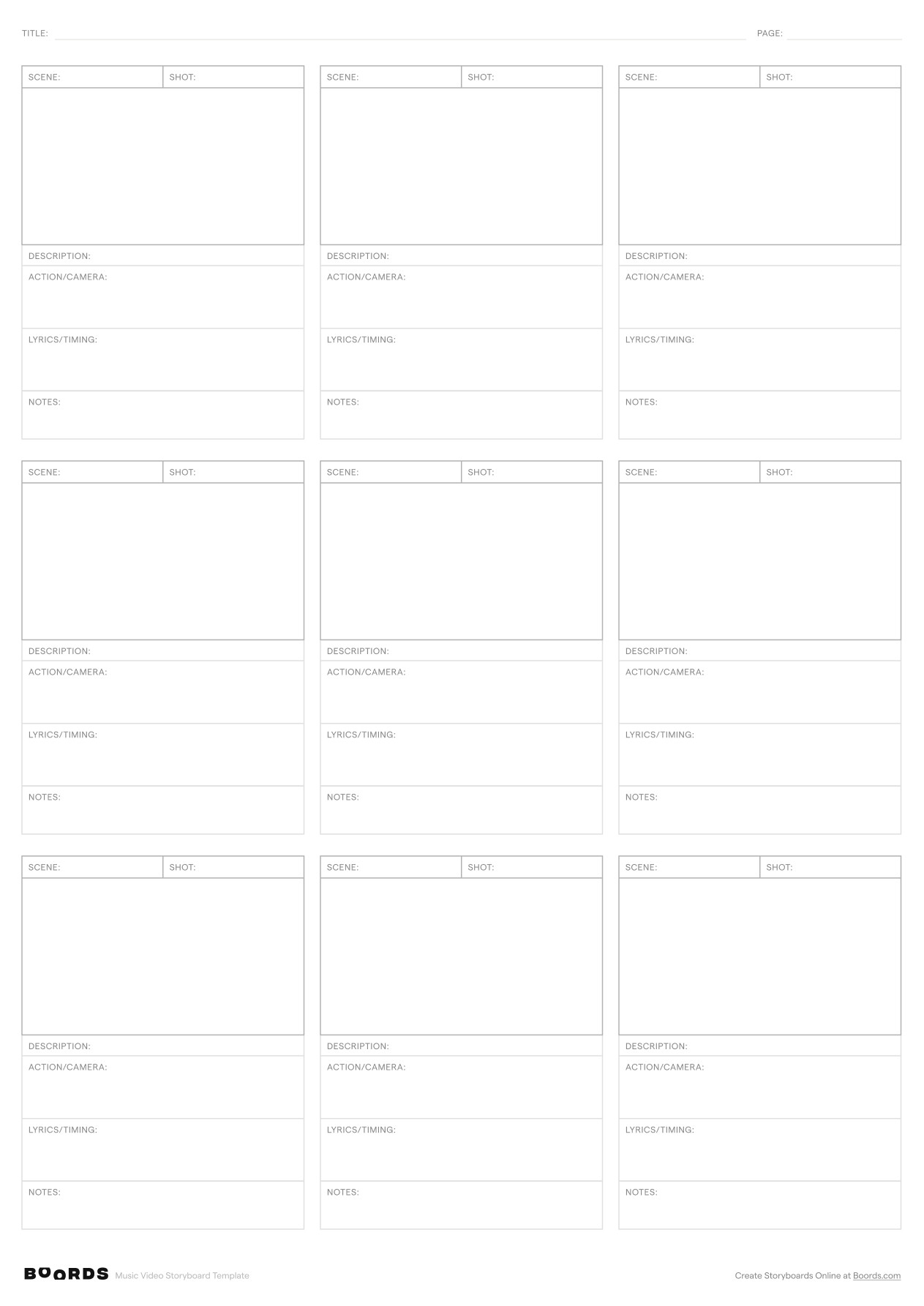 Music Video storyboard template – A3, 9 panels, portrait layout