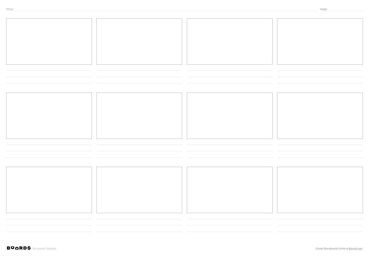 Blank storyboard template – A3, 12 panels, landscape layout