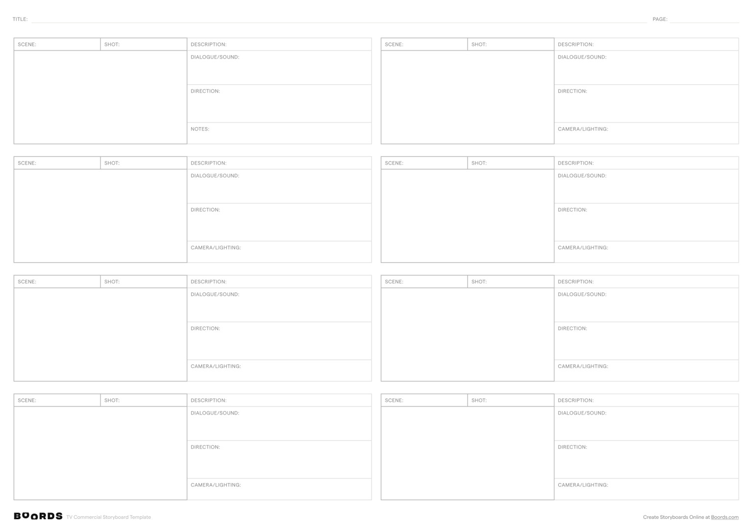 TV Commercial storyboard template – A3, 8 panels, landscape layout