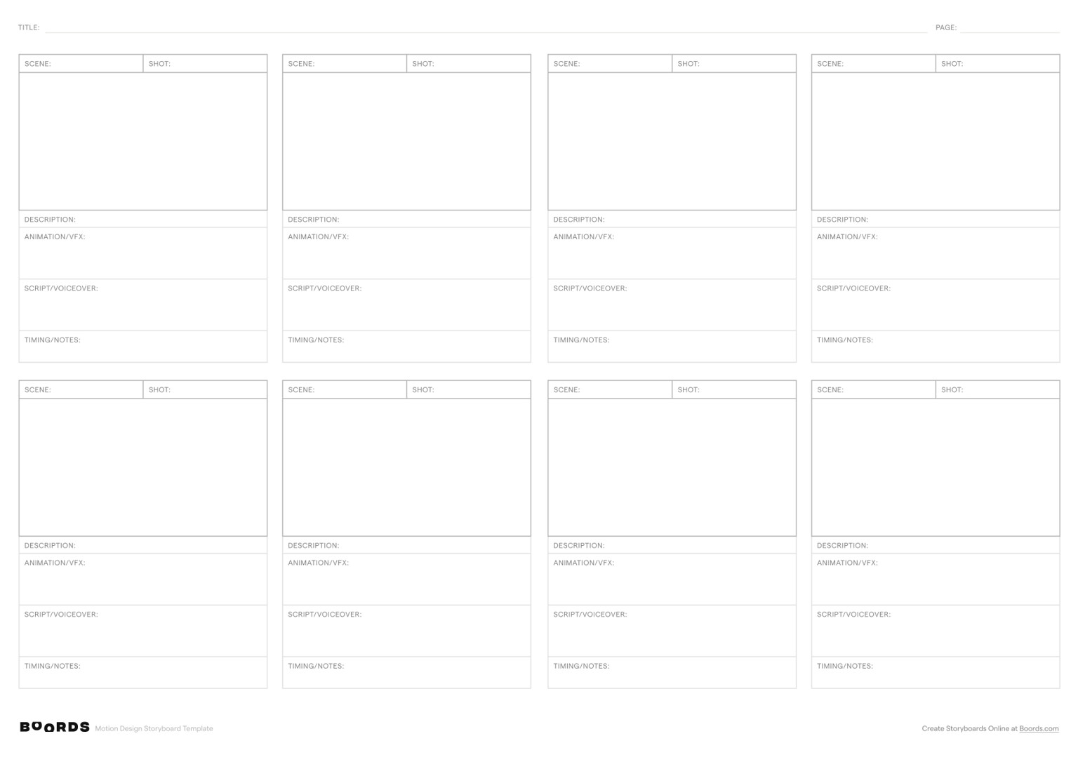 Motion Design storyboard template – A3, 8 panels, landscape layout