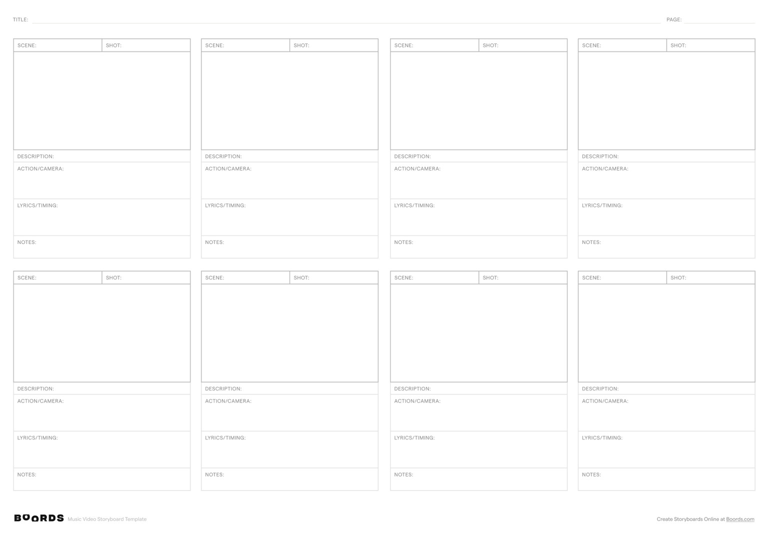 Music Video storyboard template – A3, 8 panels, landscape layout