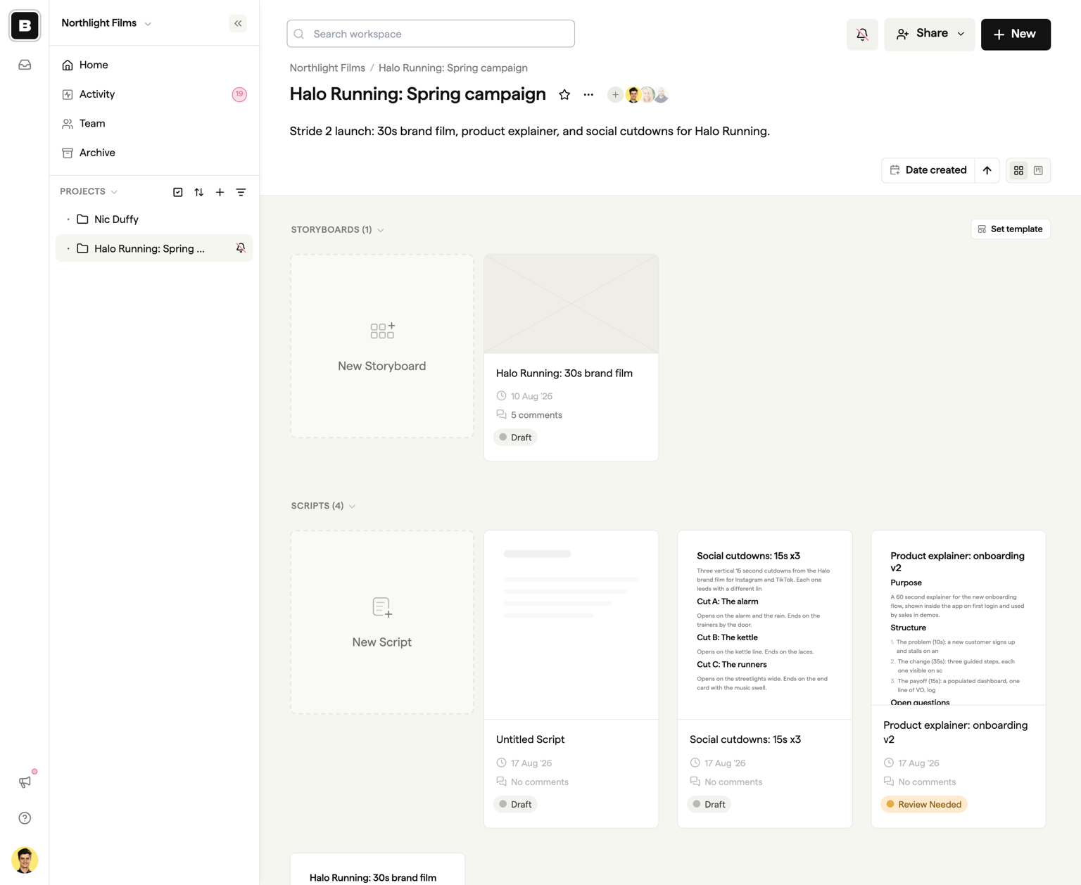 Project dashboard showing the Storyboards and Scripts sections