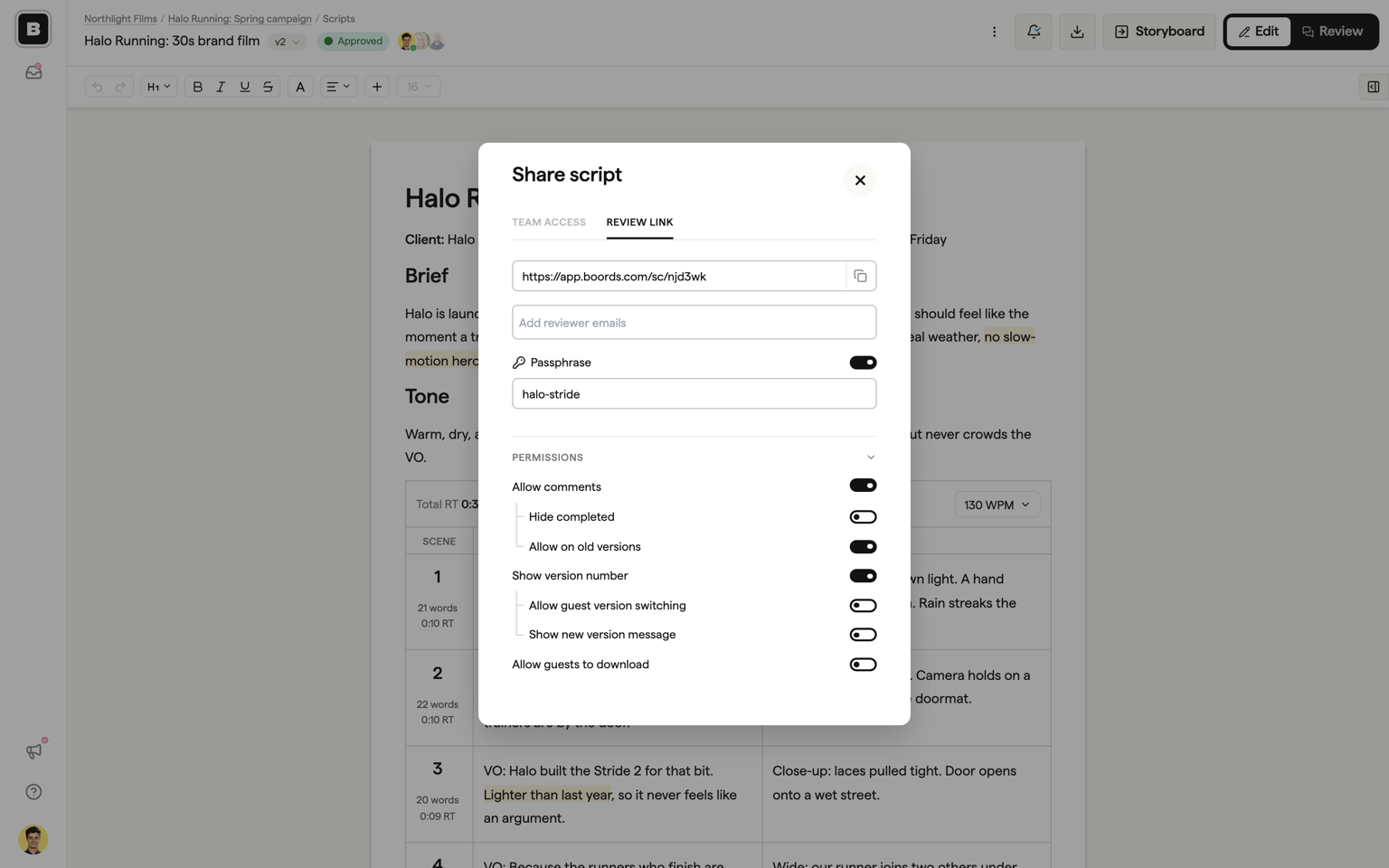 The Share script dialog with the review link and passphrase field