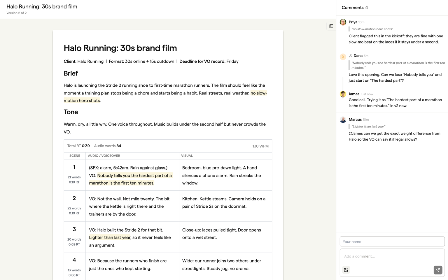 The guest review view of a script with a comment anchored to a line