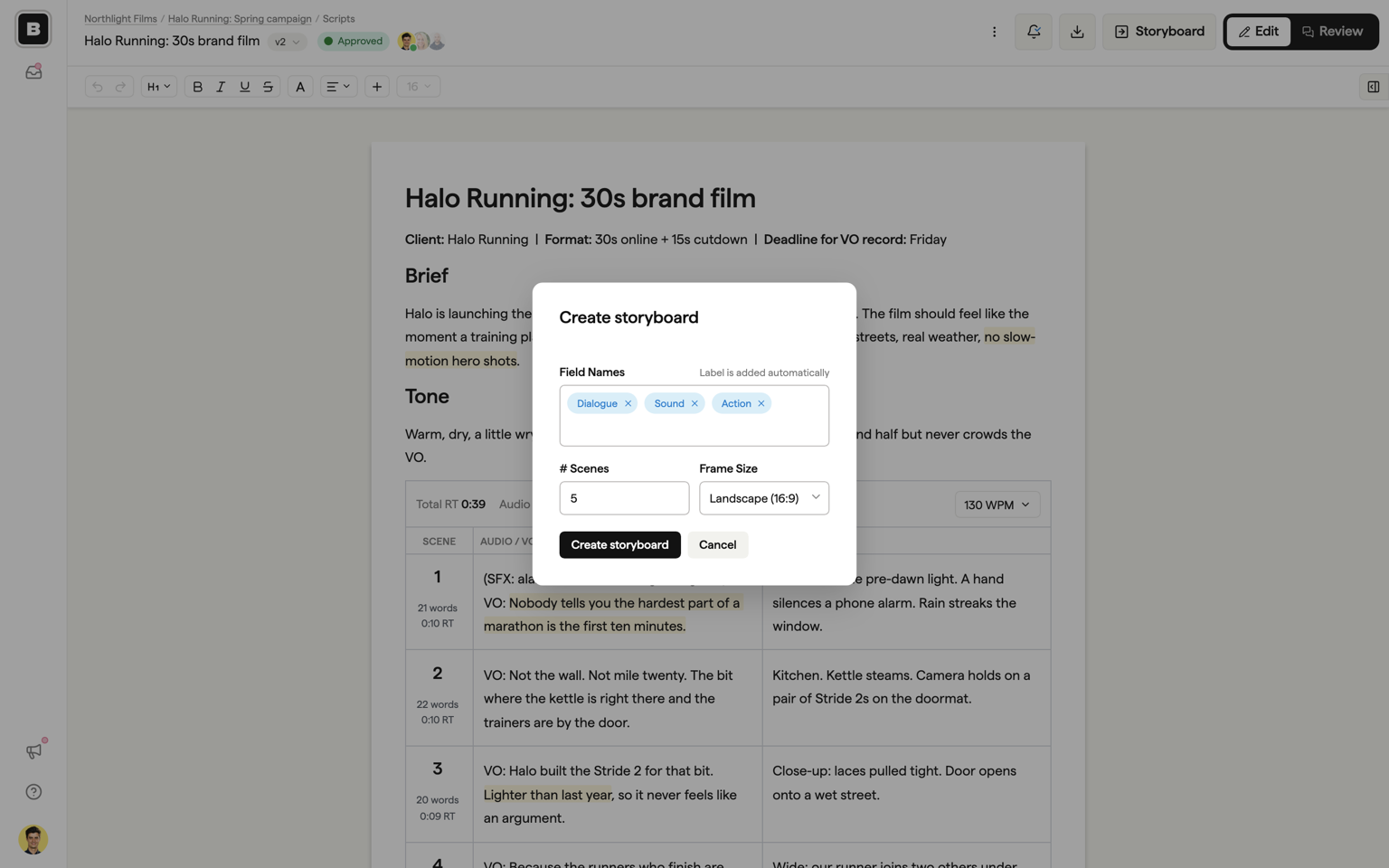 The Create storyboard dialog with field names, scene count, and frame size