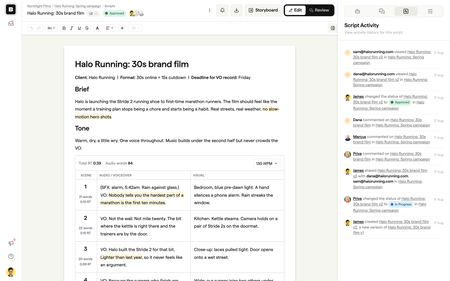 The script Activity panel showing an approval and read receipts